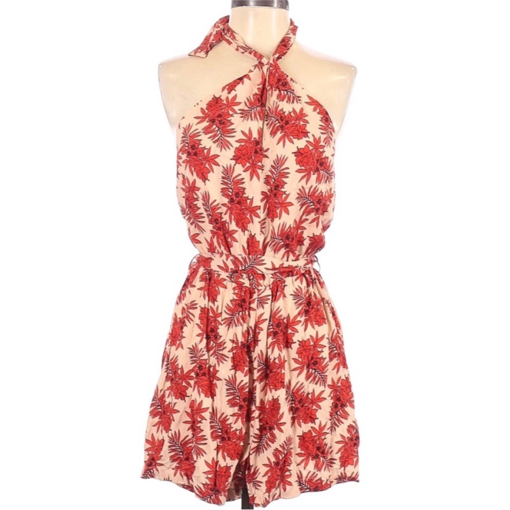 TopShop Open Back Red Palm Halter Neck Romper